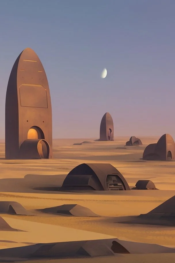 many alien buildings, in the desert, surrounded by acacia trees, dunes, pathways, roads, mountains, blue sky