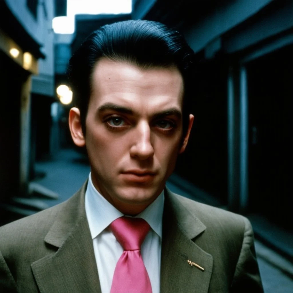 very grainy discolored 2000s photo, closeup portrait, dark night alley with no lights, grunge, extremely gaunt male with chalk-white skin wearing a good soviet era suit with a pink tie, calm, imposing, ridiculous hairdo, crazy look in the eyes, malkavian