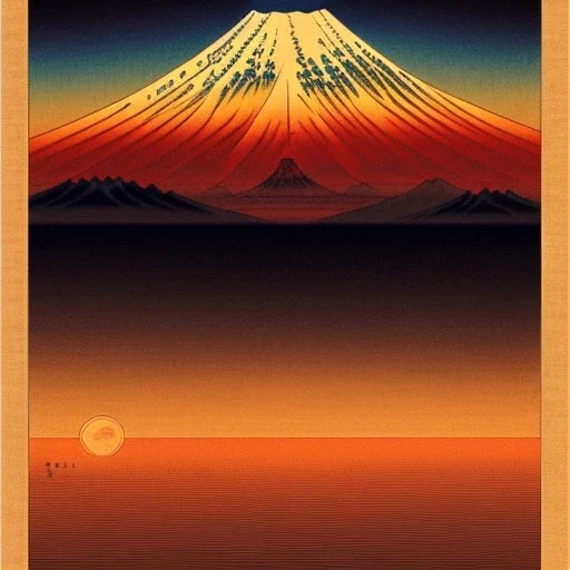 Ukiyo-e painting of a mount fuji at sunset