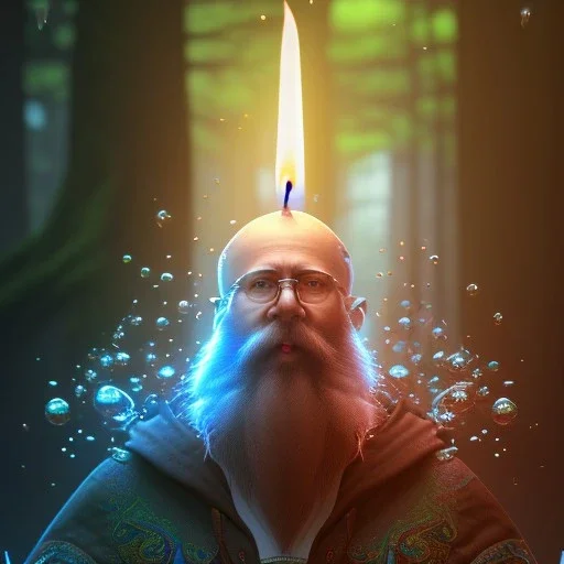 top down medium close up of blue robed water monk with long beard in candle light, Dark fantasy concept art, dynamic lighting, Intricately detailed, Splash screen art, deep color, Unreal Engine, volumetric lighting, blue flowers, moss, leather, creek, flowing water, fantasy dark forest artwork,back light