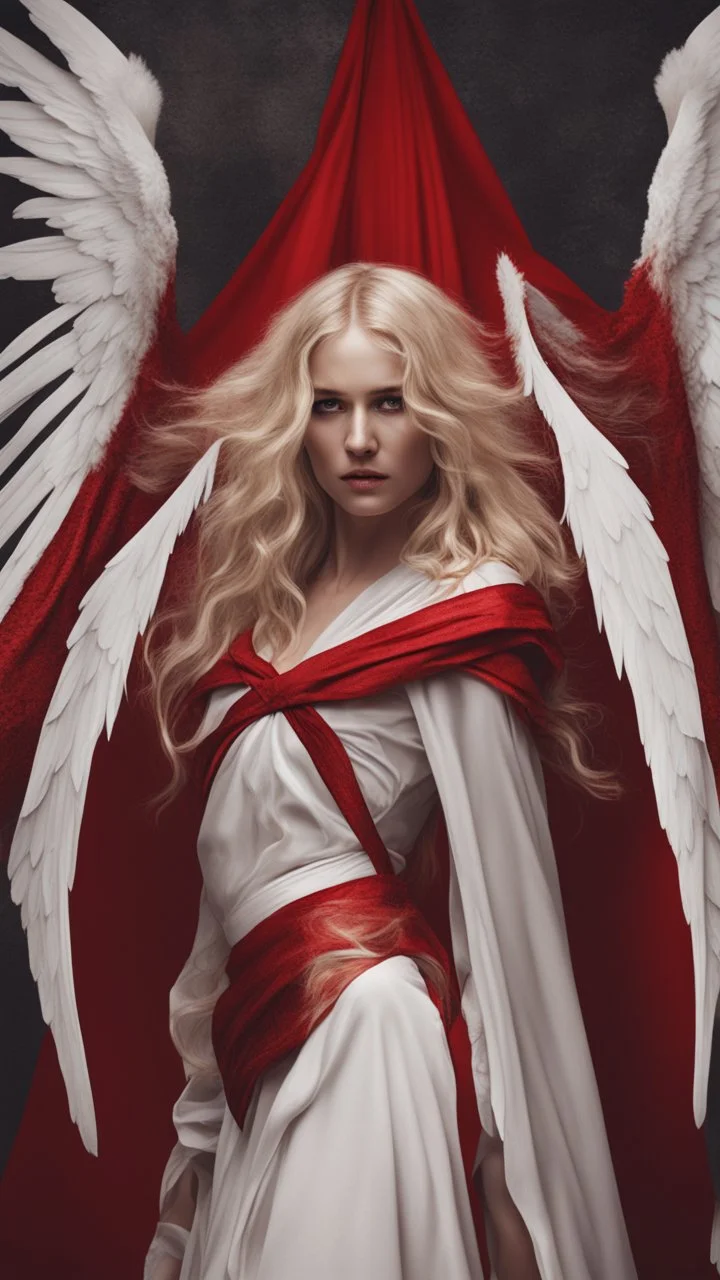 A blonde girl is blindfolded with a red cloth, two white wings behind her. Cinematic image