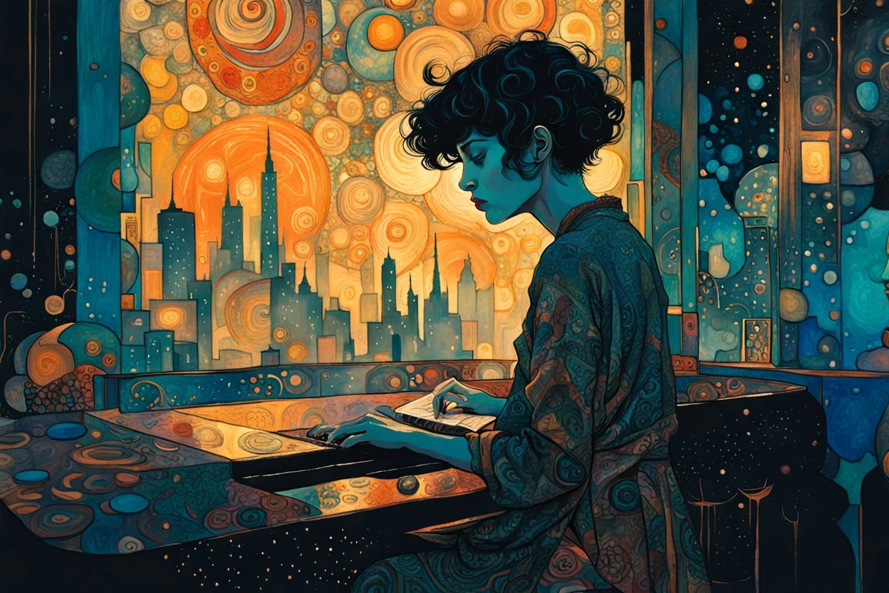 create an abstract expressionist, highly ethereal, darkly magical illustration of a deeply sorrowful, girl with short cropped hair, at her piano in a smokey nightclub, with highly detailed and deeply cut facial features, in the style of GUSTAV KLIMT, PABLO PICASSO, combined with the comic art style of BILL SIENKIEWICZ and JEAN GIRAUD MOEBIUS, searing lines and forceful strokes, precisely drawn, boldly inked, and darkly colored