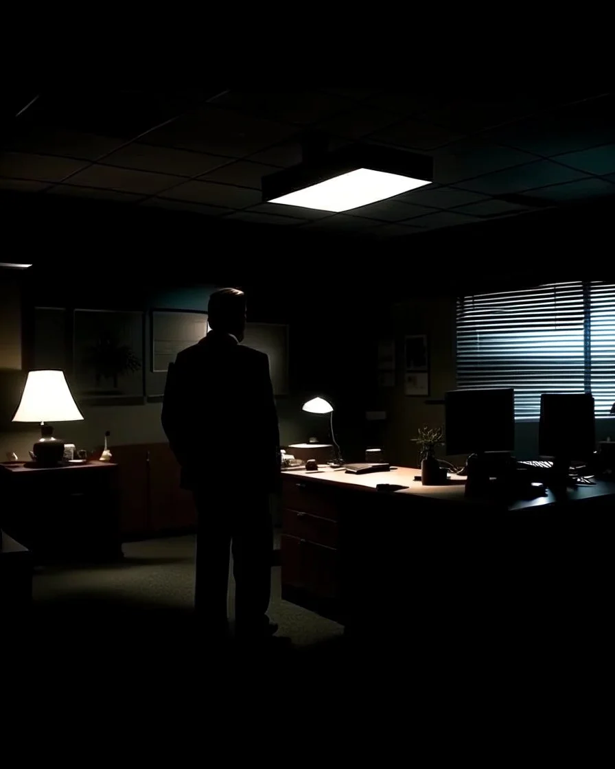 Imagine a scenario where the footage captures a man in a dimly lit office late at night, his shadowy figure moving mysteriously across the room. The flickering lights create an eerie, security camera vision frame