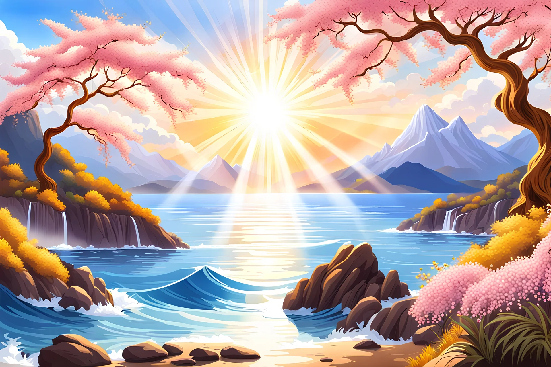 magnificent sun, a peaceful sea with rays of shining sun above the waves white or gold or blue light effects colors, flowering trees, spiritual sun with sun’s rays, waterfalls in the background, white or pink or blue mountains, realistic, very detailed, high contrast, 8k, high definition, realistic, concept art, sharp focus