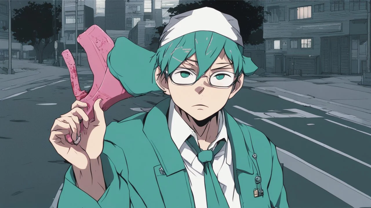 Aren Kuboyasu from the anime about Saiki Kusuo stands on the street at night in the headlights of police cars. he is dressed in a turquoise-green school uniform, moreover, the jacket is simply draped over his shoulders and under it is a shirt. he wipes the blood from his nose with his hand, and holds a bat covered in blood in his other hand