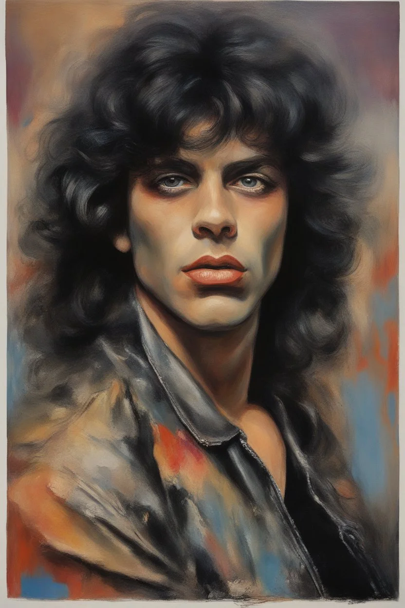 oil painting, text "KISS" - facial portrait with makeup - 20-year-old Jerry Lewis with long, wavy curly black 1980's style big hair, wearing a black leather jacket, extremely colorful, multicolored watercolor stained wall in the background - in the art style of Boris Vallejo, Frank Frazetta, Julie bell, Caravaggio, Rembrandt, Michelangelo, Picasso, Gilbert Stuart, Gerald Brom, Thomas Kinkade, Neal Adams - explosions, flames, fog, clouds, dust,