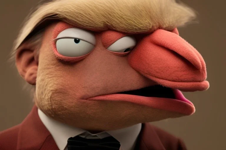 Angry muppet trump in a suit with a spray tan, No tongue, looking forward,