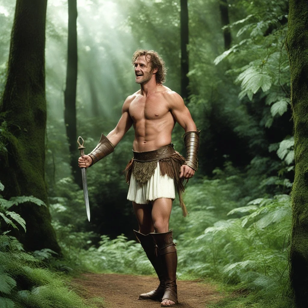 [high res photo by Monty Python] Lysander from Shakespeare's A Midsummer Night's Dream. Tall and slender, fair-skinned with soft features that hint at his earnest and handsome nature. Usually depicted as nimble in movement, exuding romantic energy with every step. Today, he transforms into a gladiator in the forest clearing, his arena for the day. The air is charged with anticipation as Lysander moves with grace and agility, ready to face whatever challenges come his way.