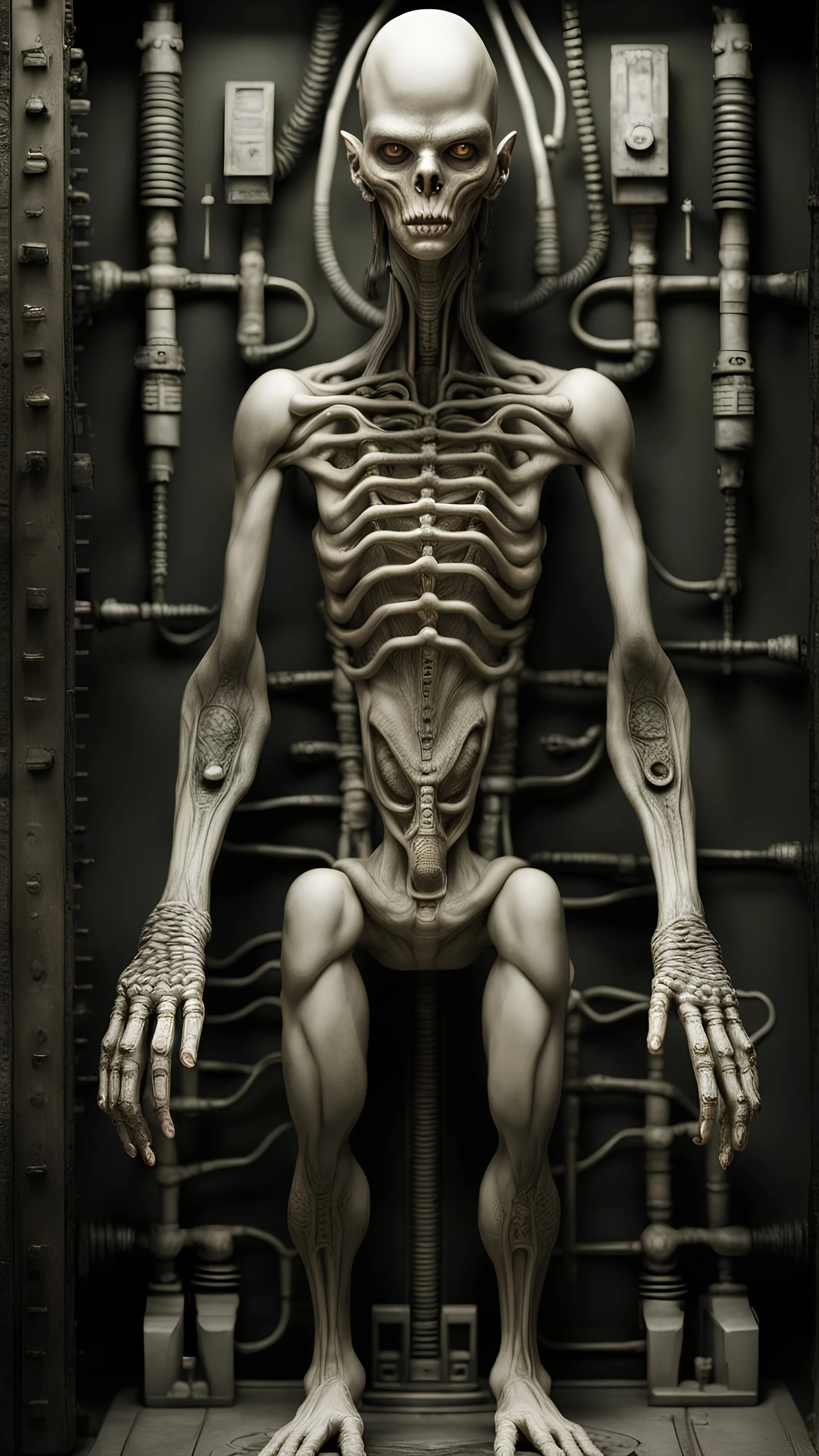 Mutant hominid cyborg sorcerer made by H. R. Giger, in a hotspring lab made by Ron Walotsky, (Masterpiece:1.1, Highly detailed:1.1), ultra realistic, (top quality) (depth of field)