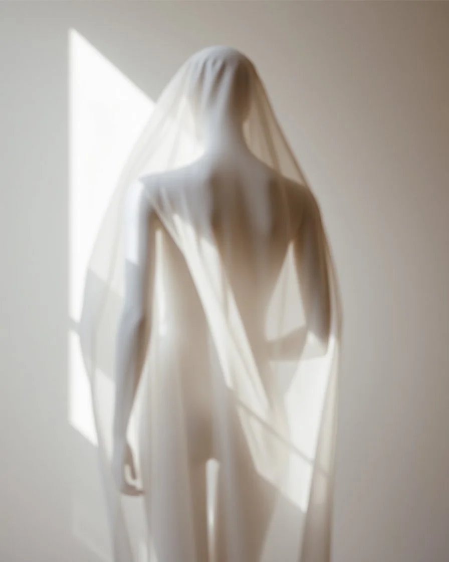 The blurred body of the mannequin is photographed from behind, its form obscured by an abstract white veil that adds to its enigmatic presence in the scene. The light casting on it creates a play between shadow and shape, adding depth to what could be seen as a minimalist portrait. This composition captures the mysterious essence of a figure shrouded within the soft fabric of fashion photography. --ar 3:4 --personalize 9t64lnl --stylize 500 --v 6.1