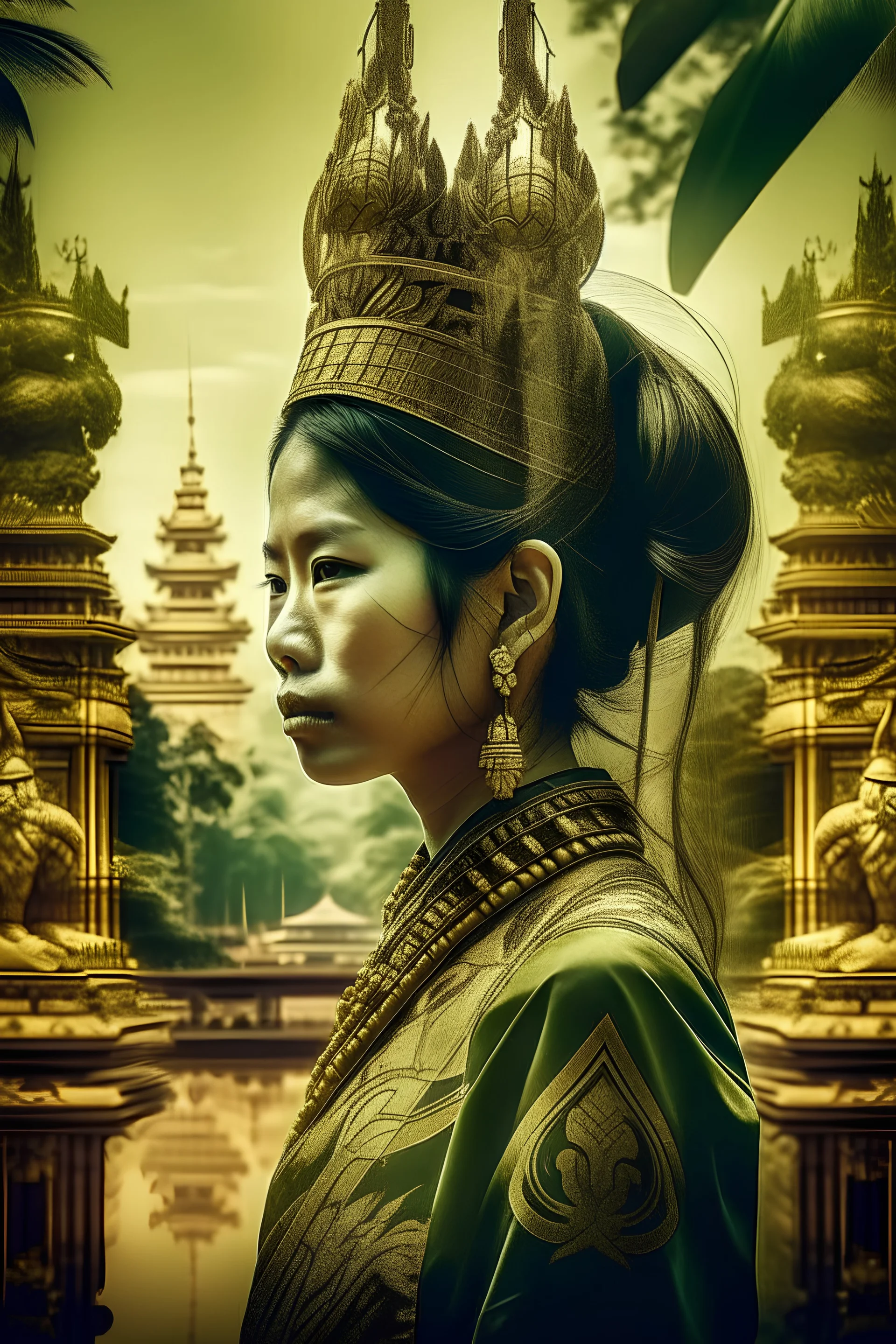 Double exposure: Queen Chamdevi, a Laos woman from the Hariphunchai empire. Beautiful, elegant and strong, covered in a golden Bow, wearing a sword, standing and holding a Bow. vs aerial view of The ancient city of That Lung temples, wat xieng thong and patuxai from the Laos Lan Xang period., intricate details, seamless transformation, green mountain water fall birds flying background, (intricated detail:1.5), 8K photo, RAW, Trending on Artstation.