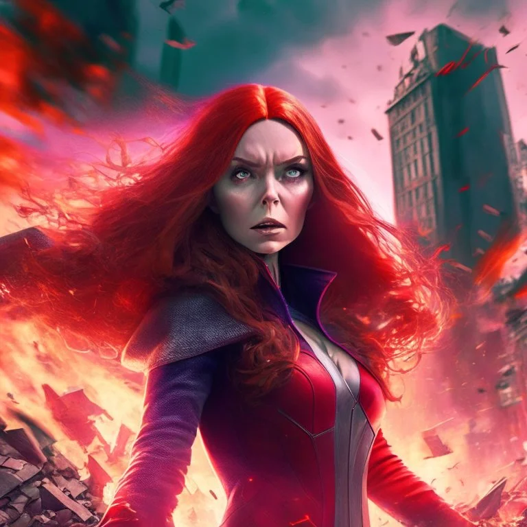 Wanda Maximoff, mulher, jovem, cabelos ruivos, olhos vermelhos, corpo inteiro, fundo cidade destruída, cores brilhantes, de lado destruindo algo com sua magia vermelha, traje da feiticeira escarlate, dramatico, 4k render, imagem cinematográfica. Cores frias, magia em suas mãos, magia vermelha claro