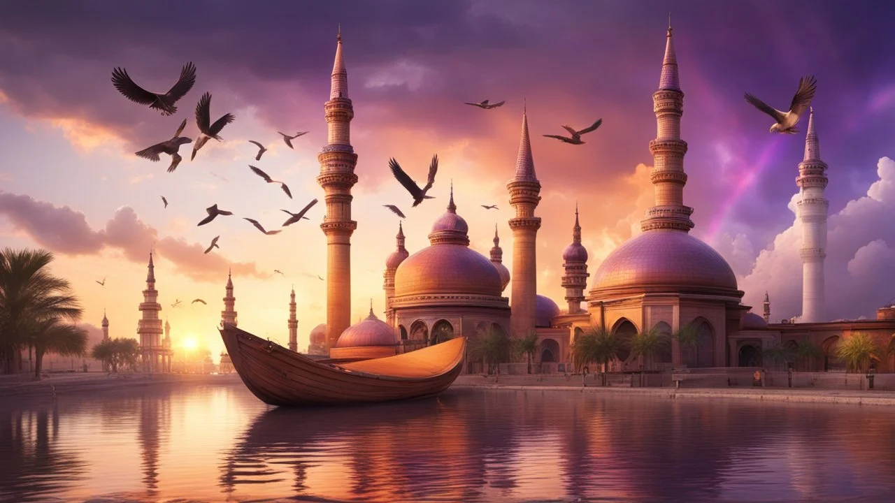 Hyper Realistic Orange & Purple Mosque with Brown Minarets riverside with a wooden-boat at beautiful cloudy sunset & Rainbow with birds flying showing dramatic & cinematic ambiance