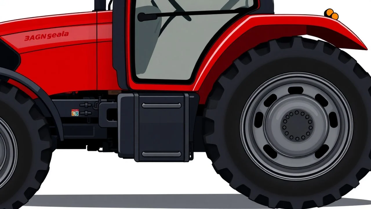 side of a modern closed cab tractor(red) with black wheels, digital illustration