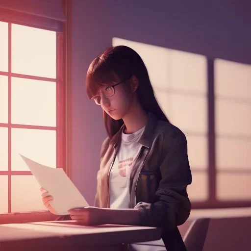 female student studying by the window, anime style,perfect face, cool face, unreal engine 5, cinema4d, sun light, studio lighting --ar 1:1 --v 4