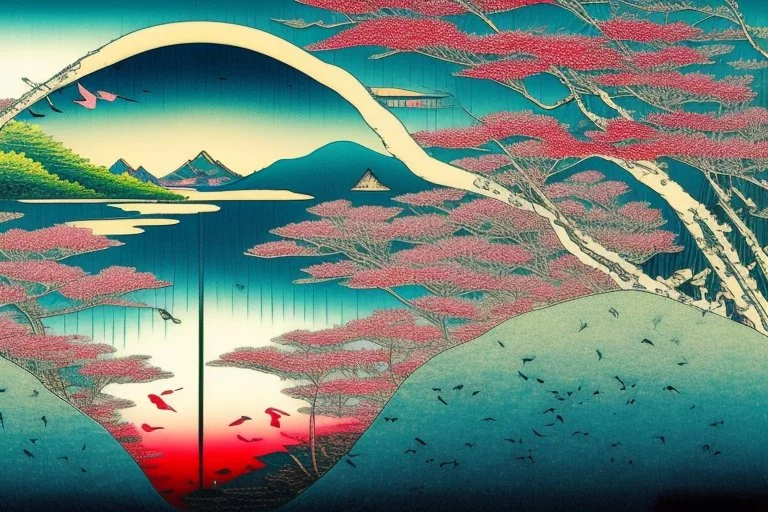 create an image in the style of hiroshige 100 viewss, where the picture is broken into 100 smaller images, but the views are of the earth