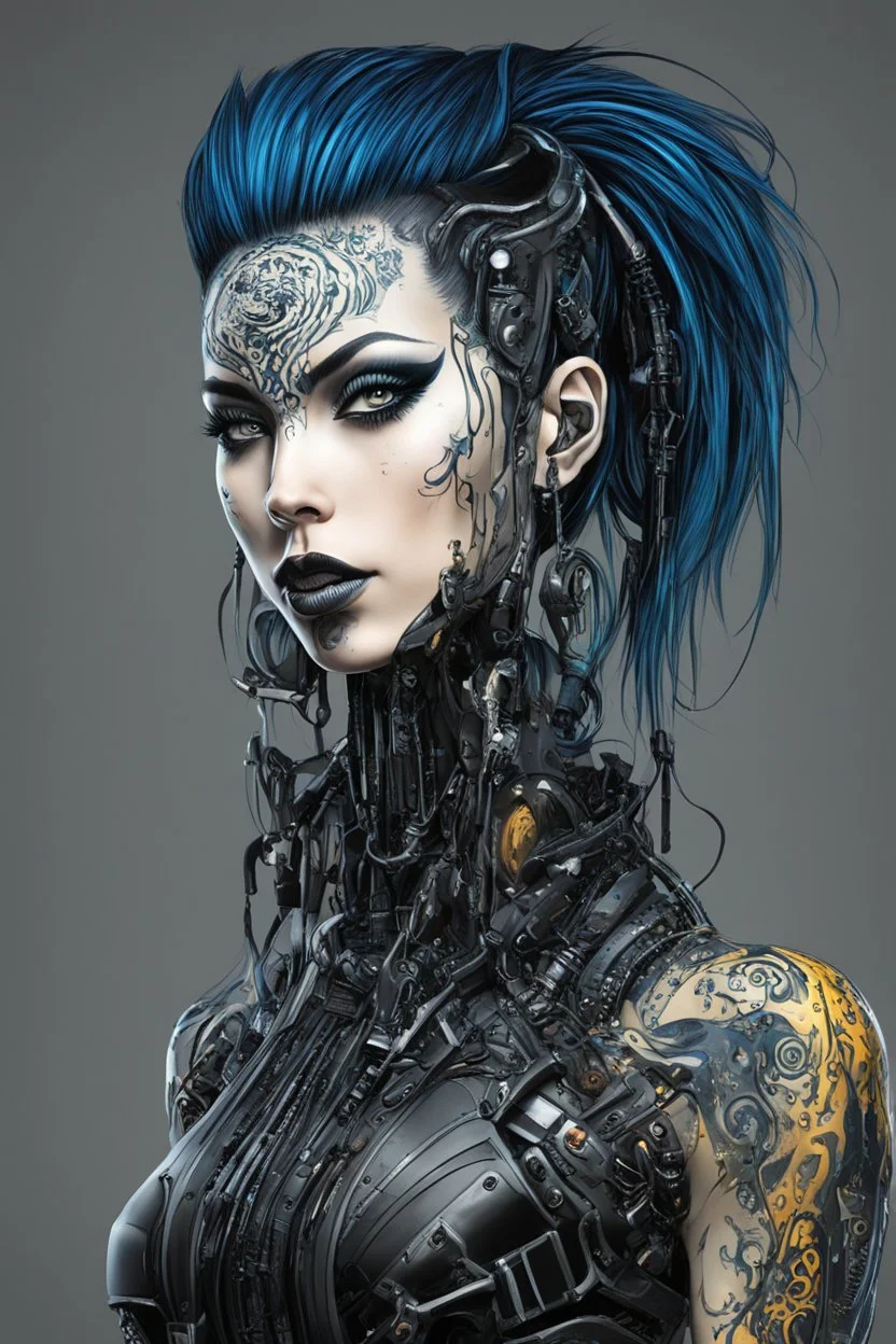 Create a wild, imaginative, full body, cybernetics enhanced goth punk girl with highly detailed facial features, in the vector graphic style of Nirak1,Christopher Lee, and Cristiano Siqueira, vibrant colors, sharply defined 3d vector