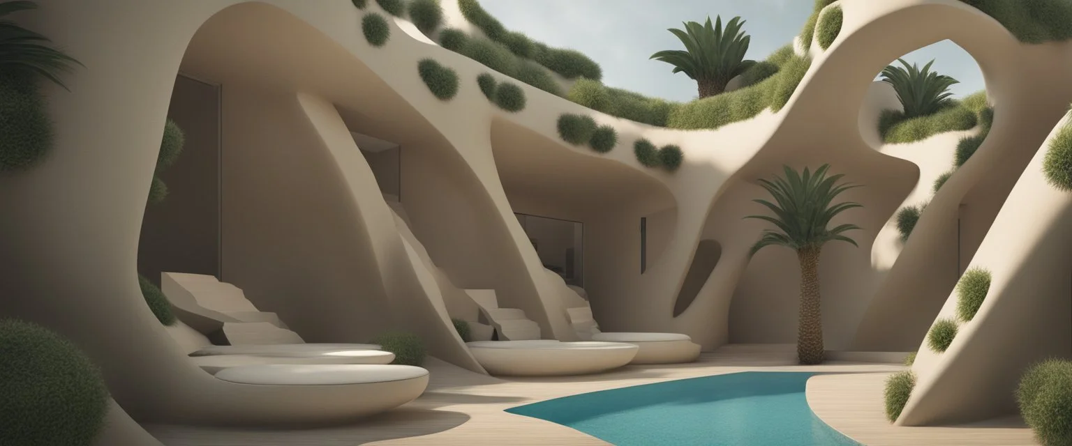 A tourist resort in the shape of a pineapple, interior design, facade