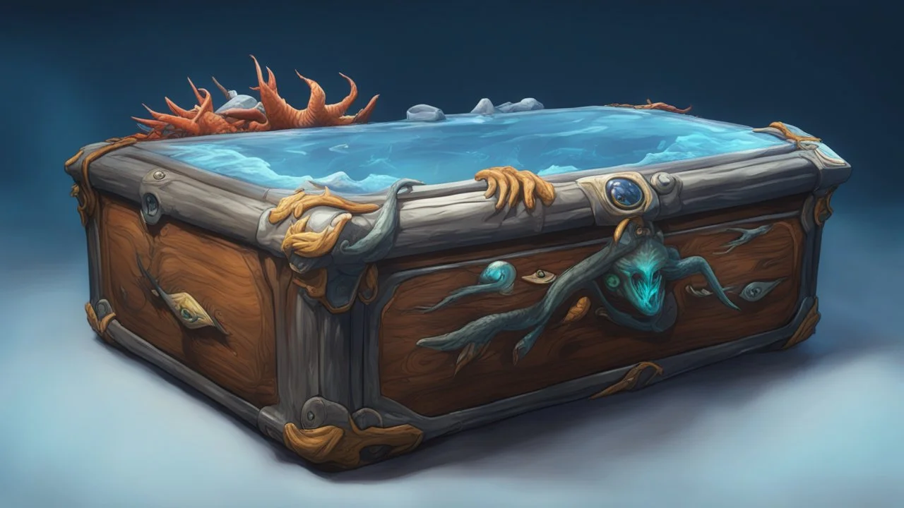 subnautica below zero, casket with a creatures drawn on it, from subnautica, realistic