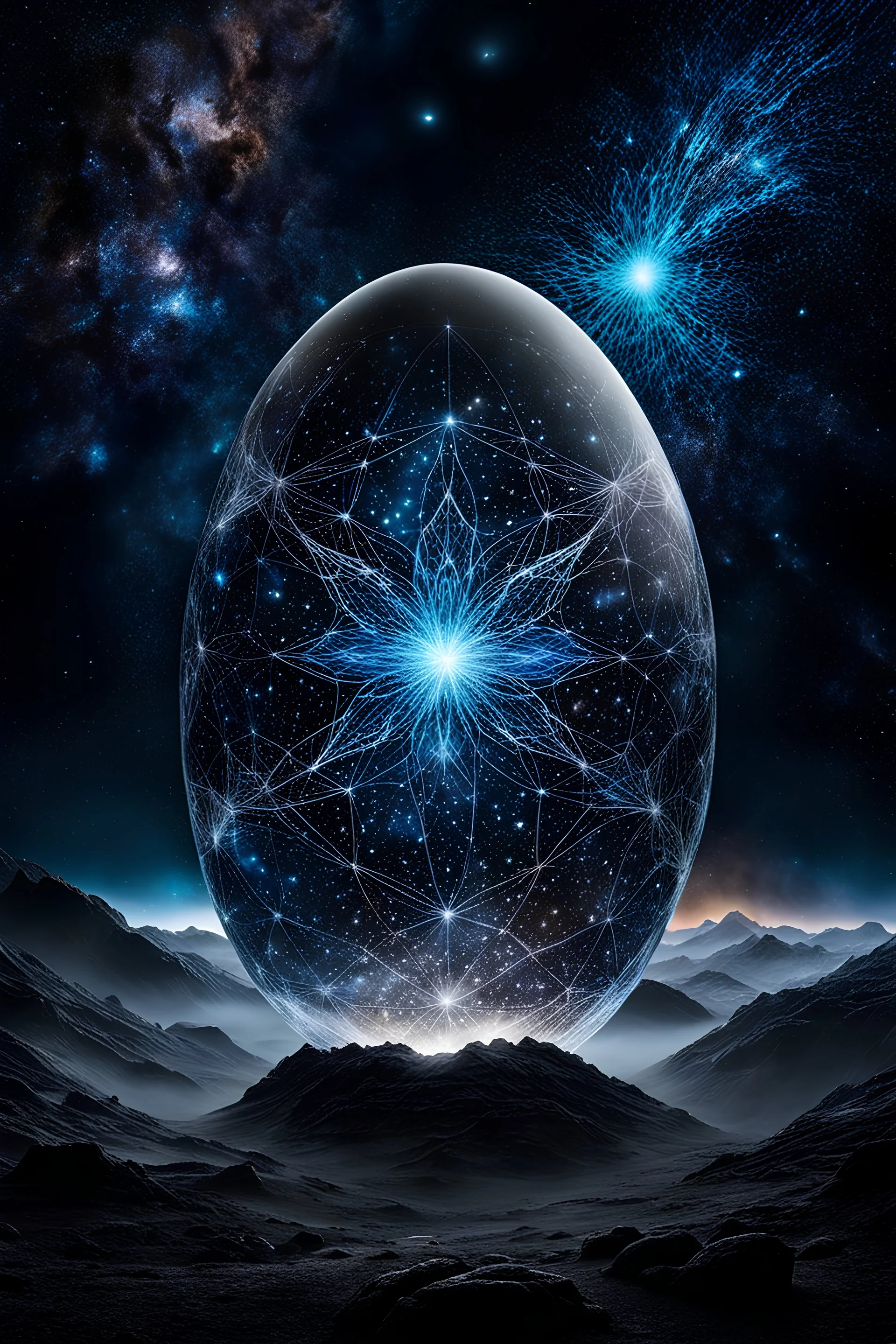 in big cystal egg form shiny stars, nebulas in dark night, around the universe with cosmic web lines, etheral, mystic, high quality, perfect composition, stunning, cinematic meticulously detailed sharp focus, ethereal fantasy hyperdetailed mist intricate details, beautifully shot, sharp focus, 64 megapixels, perfect composition, high contrast, cinematic, atmospheric, moody