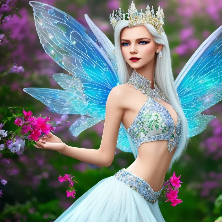 Fantasy fairy with transparent wings, smiling, make up, long platinum blond hair with crown and flowers, blue dress, flower background