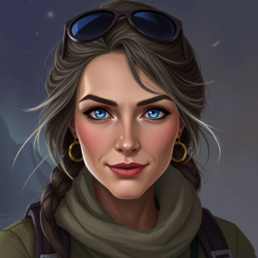 a pretty middle-aged woman, fantasy, traveller, blue eyes, digital art, stylised