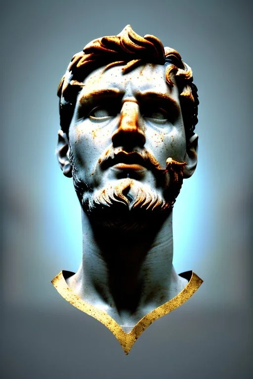 Ultra Realistic image, Roman sculpture, white marble material, Lionel Messi, gold Laurel leaves wreath, renaissance ornaments, one gold star in heart, sun ornament, blue marble background, chisel style, waist up portrait, emperor style, epic, celestial, cinematic lighting, God light, god rays, 4k resolution, smooth details, ornate details, soft lighting, unreal engine 5, art station, substance 3d.