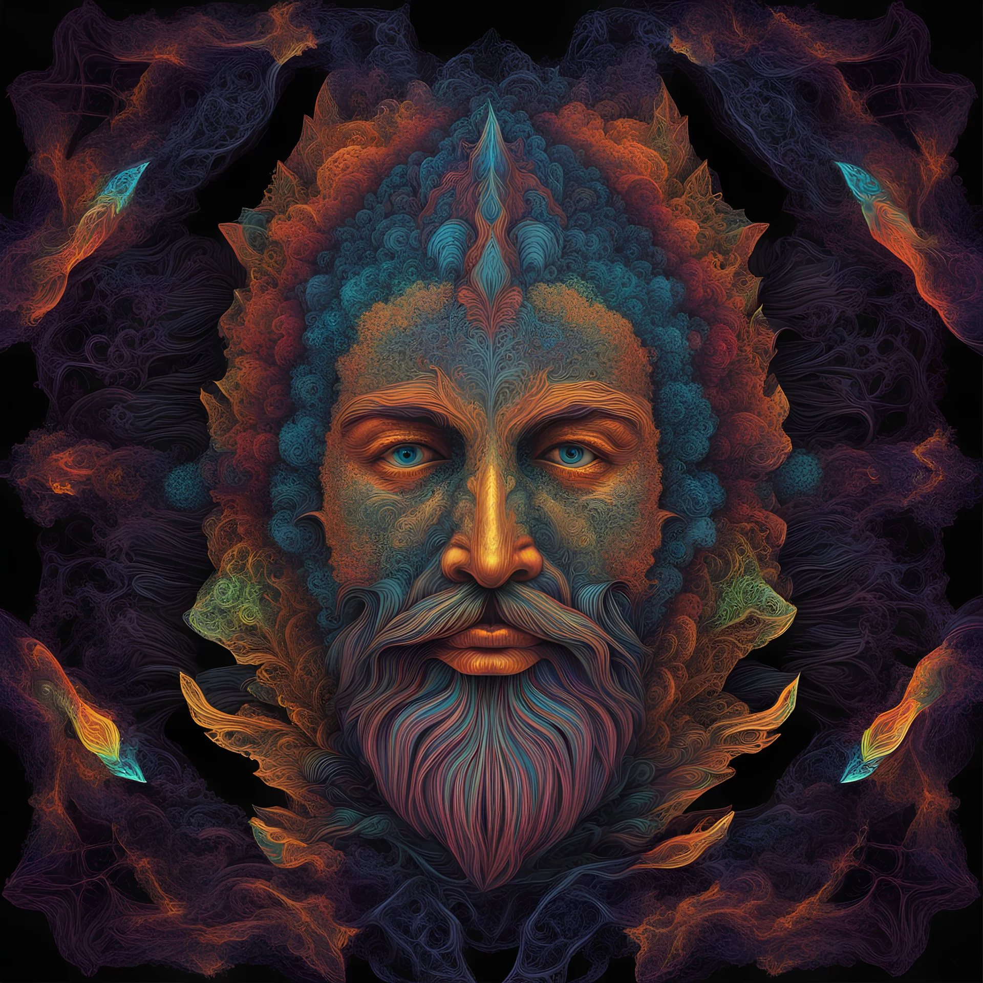 T-shirt design graphics on black background, Parametric structure, vivid colors, fluorescent, DMT, bioluminescent, frontal bearded man Head in mandelbrot style, Escher style, intricated details, cyberpunk, few colors, surreal, symmetrical, high contrast