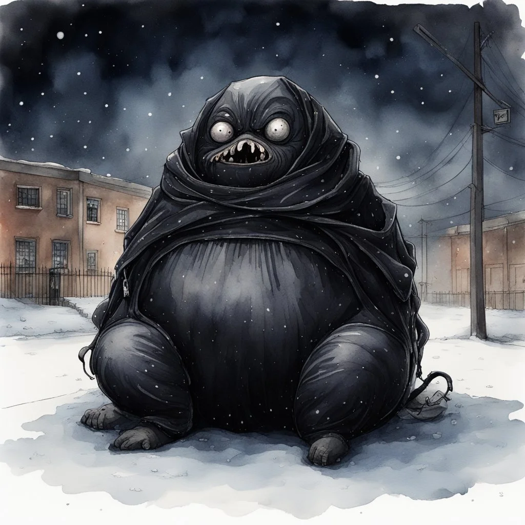 Dramatic watercolor and ink illustration, gigantic puffy fat inflated black trash bag creature sitting in an empty school playground at night in the snow caught in the ambient streetlight, Lovecraftian trash bag creature with pouting confused look on face, sinister whimsey, oddball masterpiece, sfumato, Gallows humor, complex contrast, dynamic composition, by zdzislaw beksinski