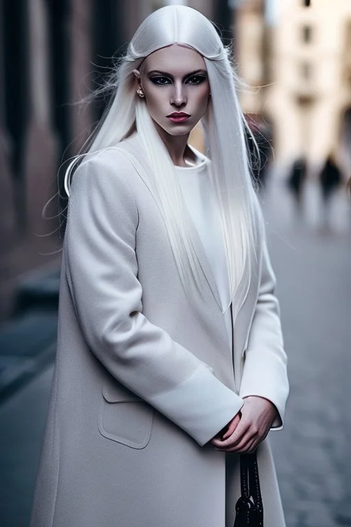 a woman white hair luxury stlye in a street