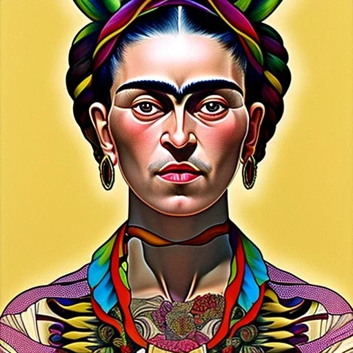 A beautiful portrait of Frida Kahlo by alphonse mucha, japanese tatoos, 4k, high details