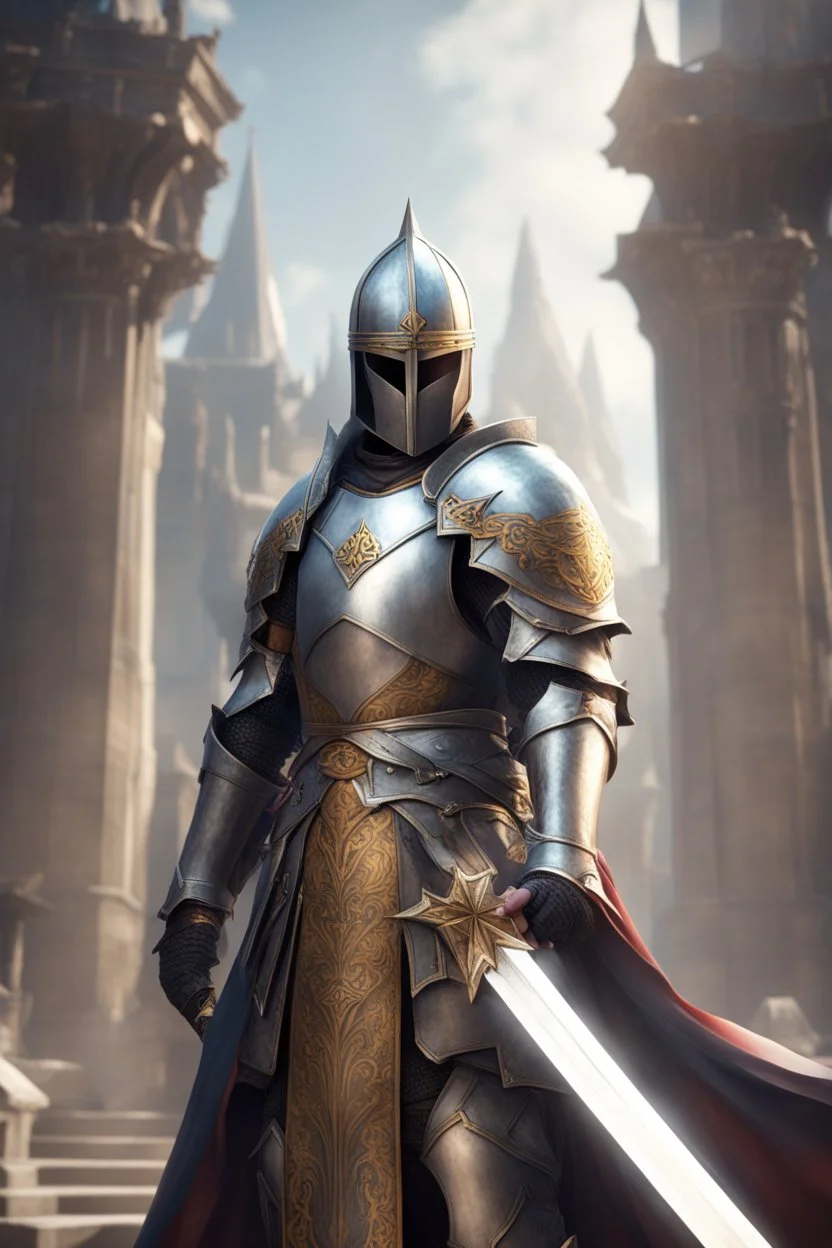 photorealistic holy knight paladin wearing a cape wielding a greatsword temple in the background face ravealed