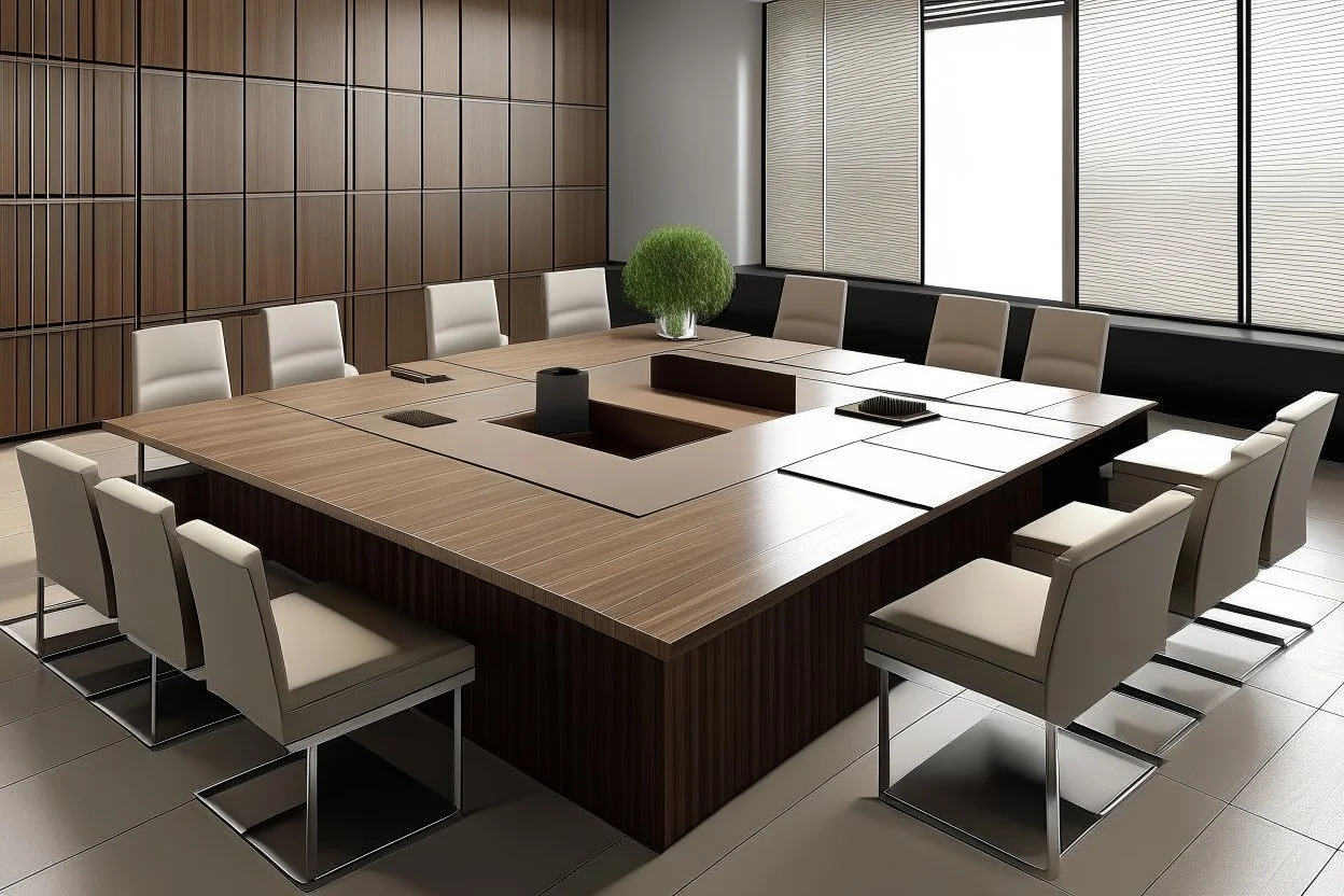 A meeting table for 12 people, in shades of brown, and square in shape