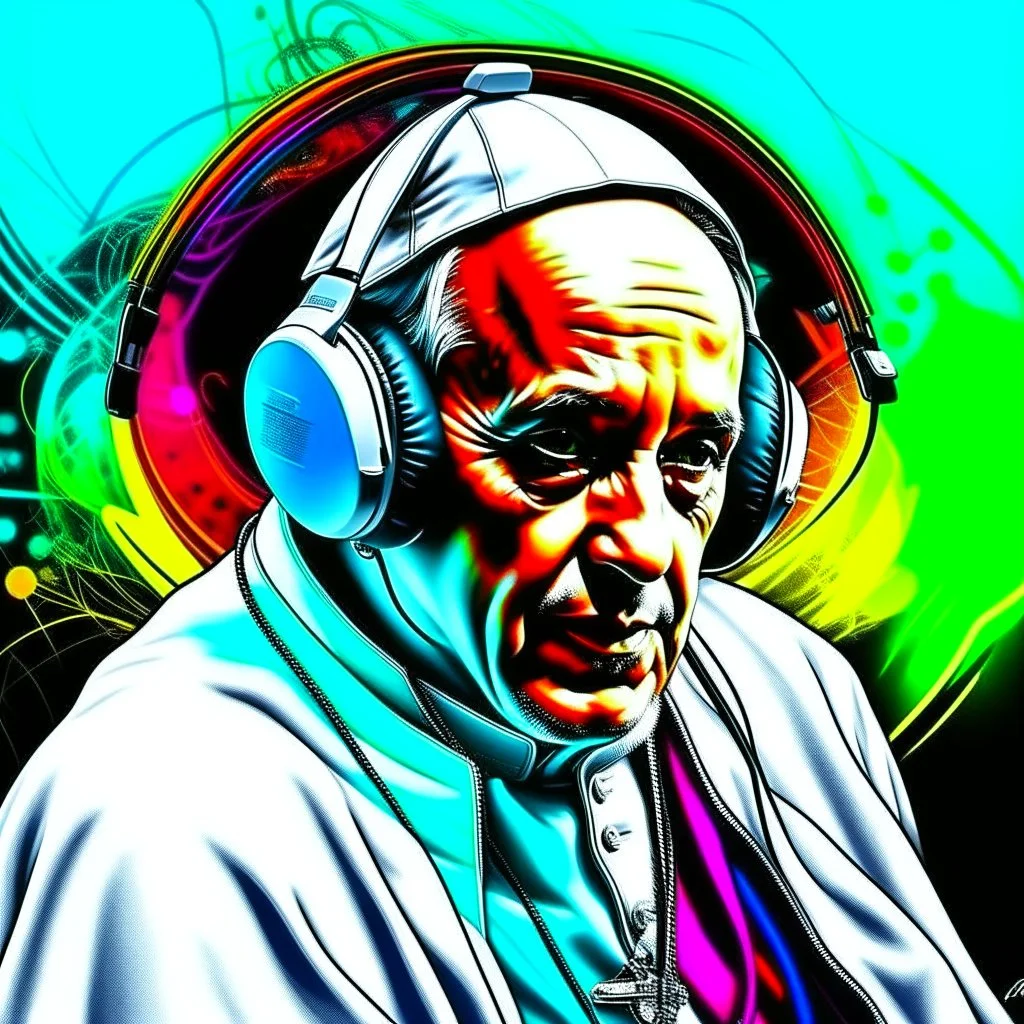 Illustrative sketch of Pope Francis in music with headphones, contrasting colors, ultra quality, hyper detailed, graffiti, concept art, maximalism, 8k