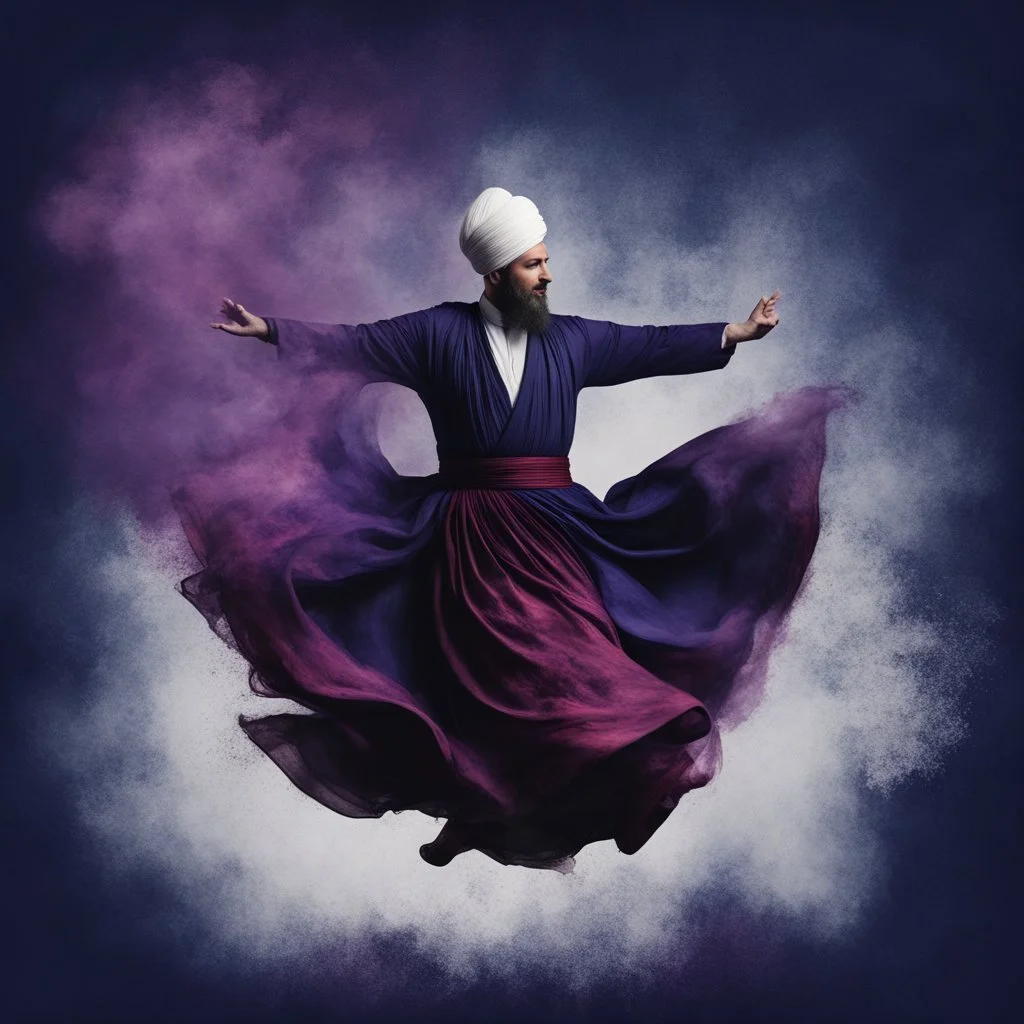 Hyper Realistic Sufi Whirling with Purple & Maroon, Islamic Sufi Rustic Grungy navy-blue Background with black fog around at night