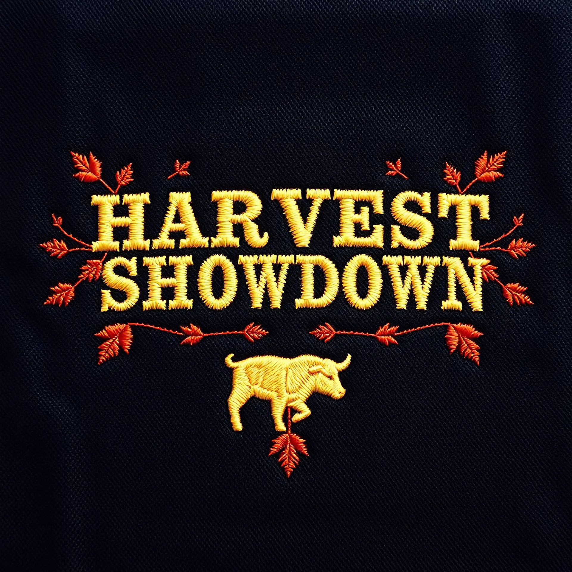 an autumn colored textured cloth embroidered ornamental leaves and cattle, pointed bottom, on dark background, embroidered text across top "HARVEST SHOWDOWN" block text, Canadian western cowboy style