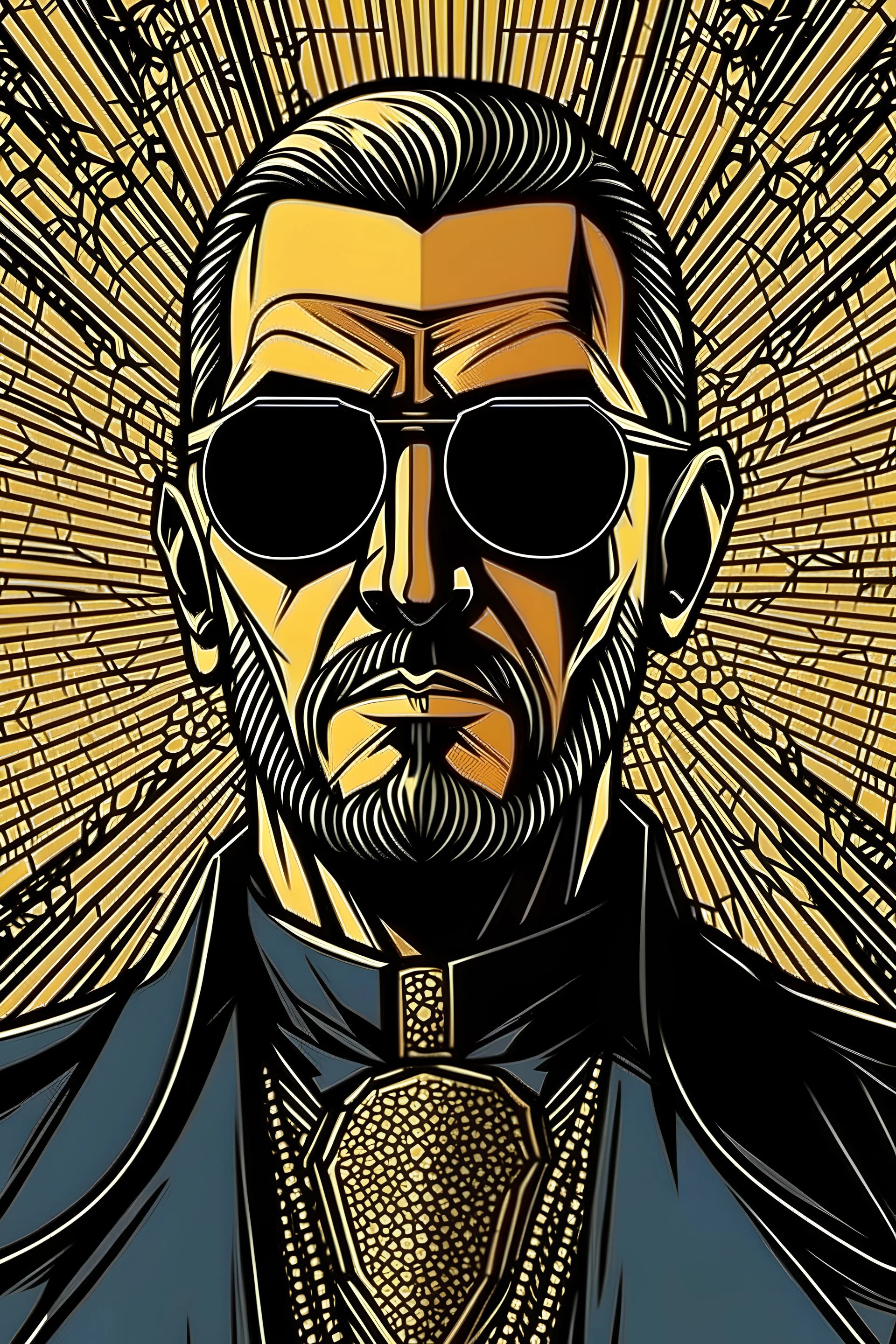 strange priest wearing sunglasses who looks like Hans Gruber with a judgmental look on his face comic book style