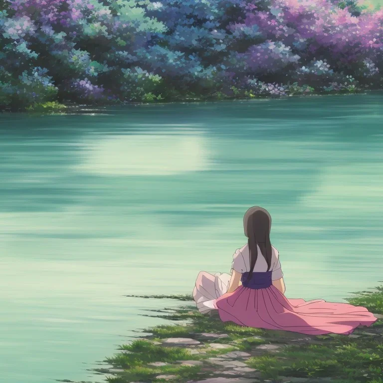 Girl sitting by the river, green landscape with bioluminescent trees, high quality, intricate detail, sharp focus, theme park, romantic, at dusk, light dust, makoto shinkai, studio ghibli