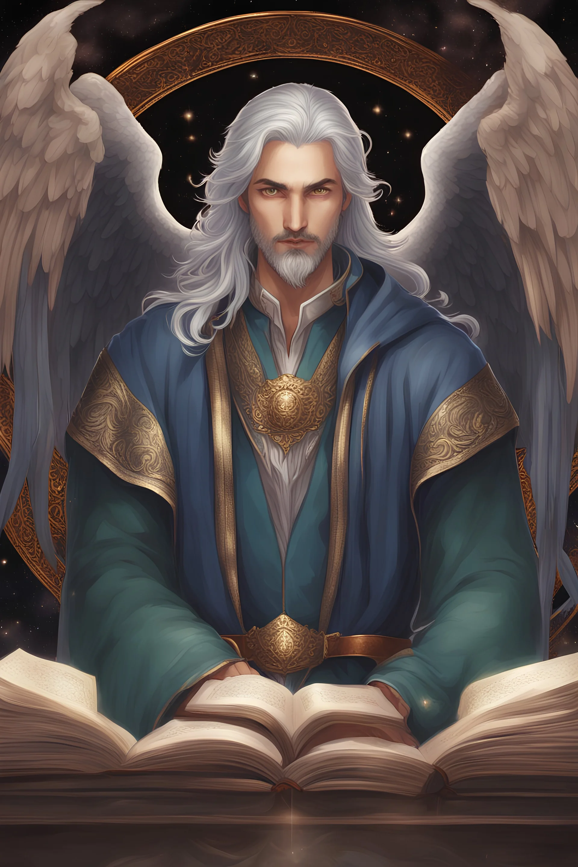 A young, male aasimar with green eyes. Shoulder-long silver hair. The man has two angel wings made of gold. A silver colored, extended goatee. Wearing elegant blue robes with copper colored trim. The robes have a hood that he is wearing. As a mage, he has a beautiful magical book on his belt. His hands are under his robe.