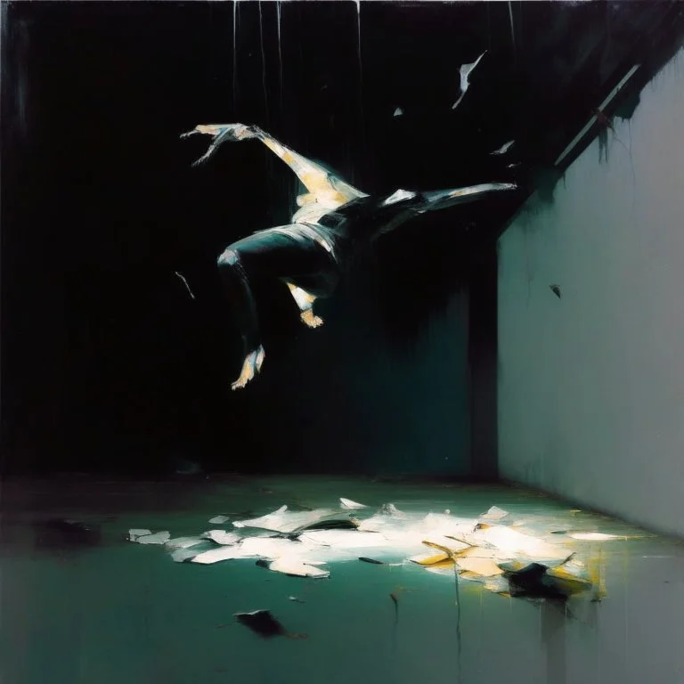 Minimal abstract oil paintings falling person limbs sinew and concrete fragments illuminated at night style of Justin Mortimer