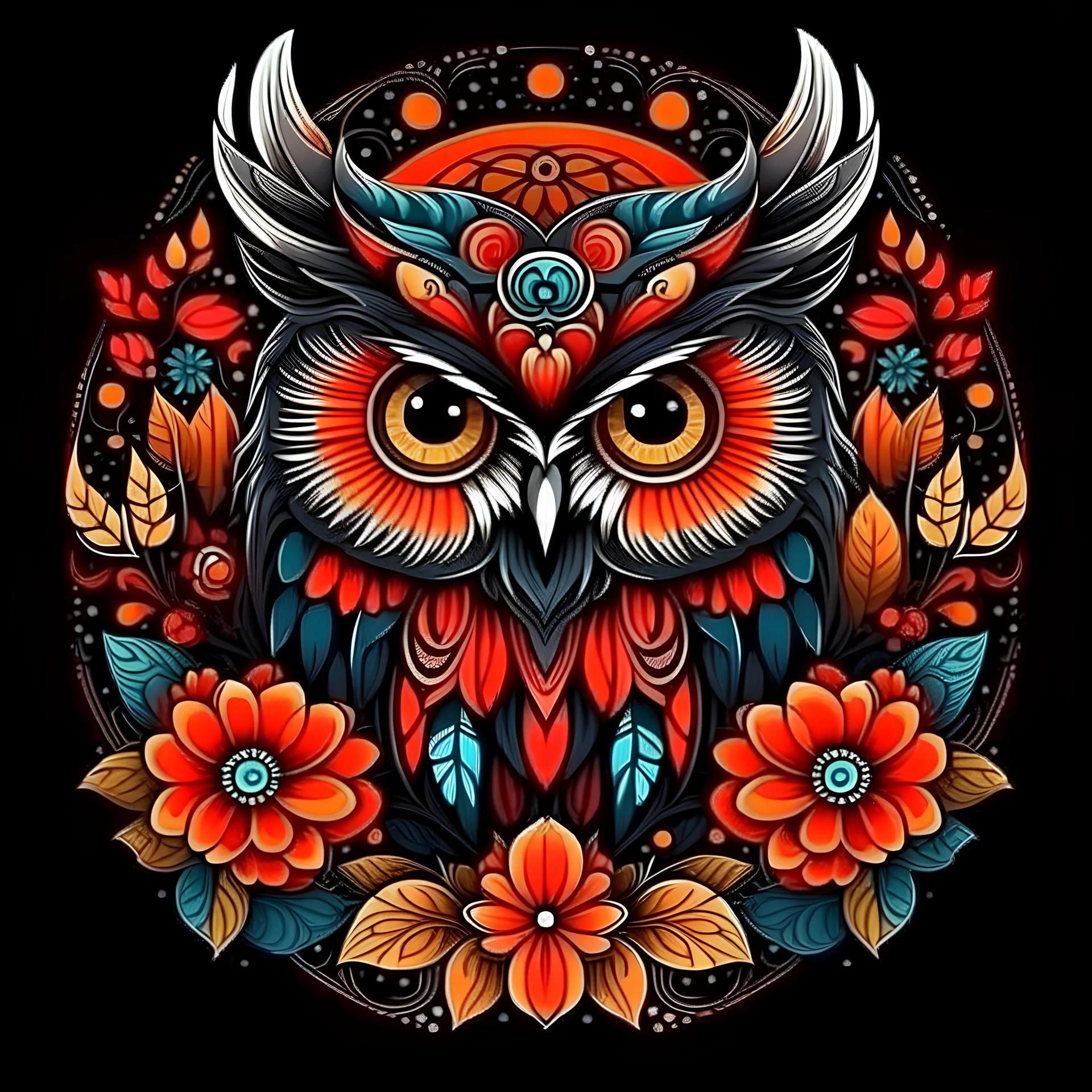 a colorful American owl face around big flowers mandala black background for book cover