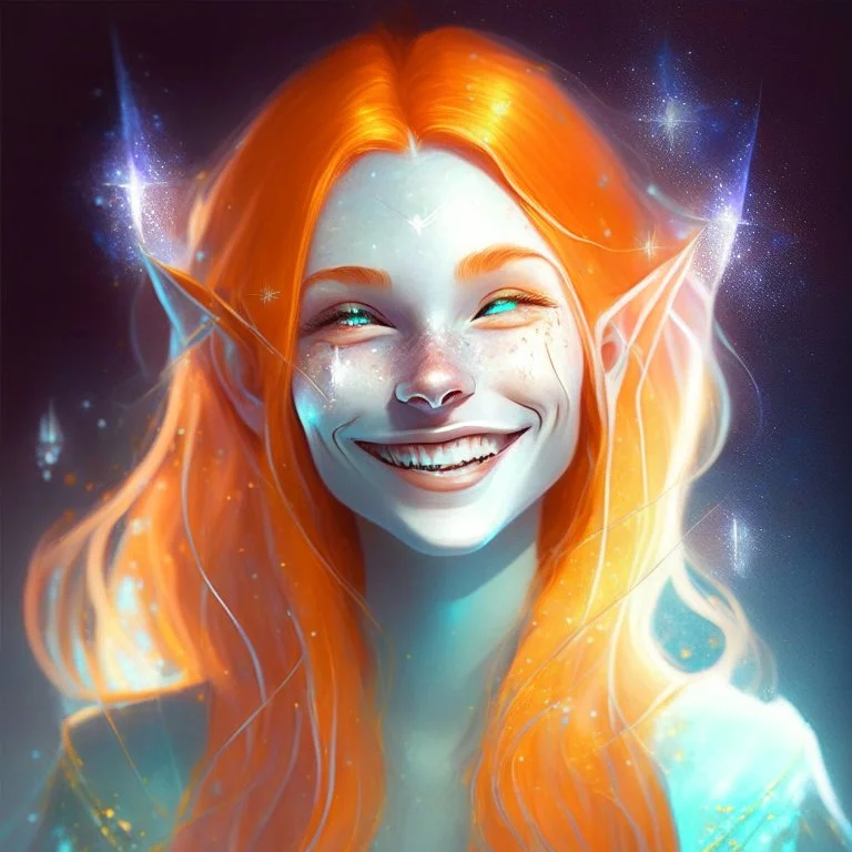 Young Female Pale vampire orange hair smiling pointed ears hologrphic crystal galaxy.