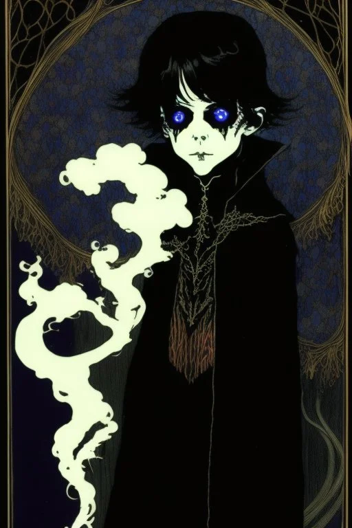 7 year old boy, necromancer, friendly, looks dead, surrounded by weird smoke with eyes, wearing black robes, in the style of Harry Clarke