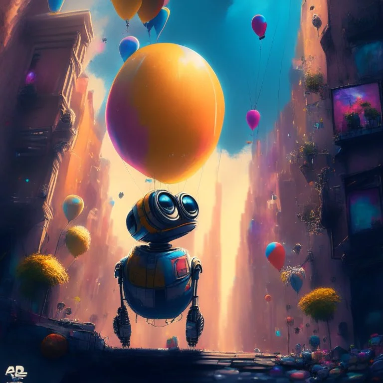 Wall-E, digital art, anime, 4k, full details, high resolution, colorful, alone, city, balloons, cinematic