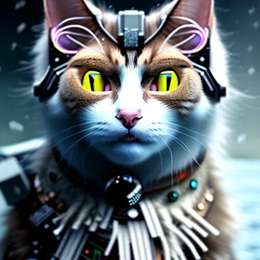 Cyberpunk Portrait of cyborg Scottish cat child with brown hair and with cute face, north pole snowy vibe , perfect composition, hyperrealistic, super detailed, 8k, high quality, trending art, trending on artstation, sharp focus, studio photo, intricate details, highly detailed, by greg rutkowski