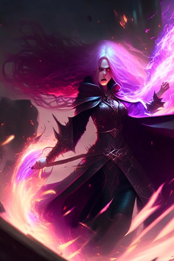 A exalted female archmage, her black robes and long pink hair shining in the light, her greatsword held firmly in her hands as she strides forward, her red eyes blazing with a fierce intensity, levitating above enemys , dodging enemy fire, 4K,