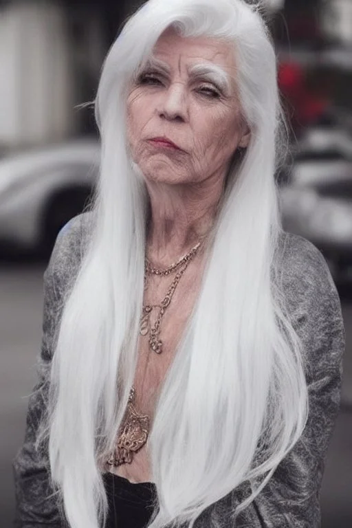 a woman white hair luxury stlye tatto in a street