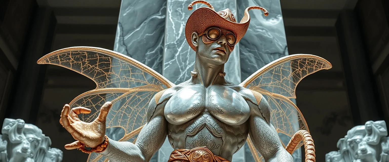 coy insect cowboy brilliant detailed full figure portrait disco glittery fluffy muscle man dino anime in the style of Escher and Giger in front of dented marble tower of transparent glass statues