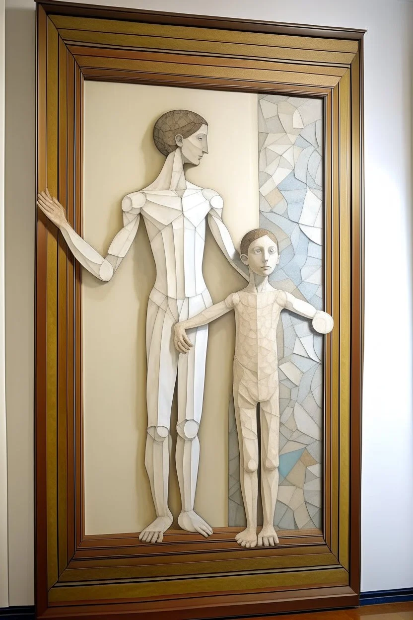 Mother holds her son , cubism a tall slender woman is standing in front of a large white picture frame displayed on the wall of an art gallery. The frame is traditional in style but looks like and has the texture of white clay. Her arms are outstretched like da vinci’s vetruvian man, and the length of her arms and body corresponds to the width of the picture frame. Her feet are perched on a surreal small shadow rock and it looks like she is floating above calm water. The picture is without canva