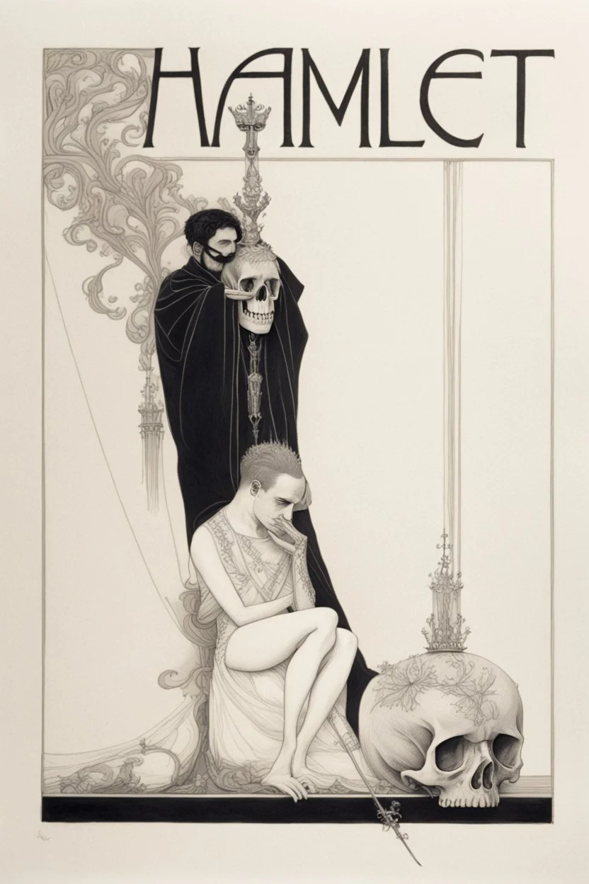 A shadowed hand holds a highly detailed, hand drawn skull, anatomically correct, with a crown hovering above, representation of Hamlet by John Austen, in the Aubrey Beardsley style, inspired by the gothic, macabre and fantastical, highly aesthetic, art nouveau design with striking black-and-white illustrations with hints of Red, Beardsleyesque, high quality, modern classical art, Hamlet Skull